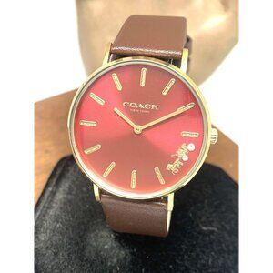 Coach Women's Watch 14503852 Perry Quartz Gold Red Dial Brown Leather Strap 36mm